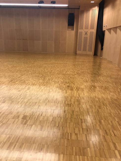 Ein leerer Raum mit Holzfußboden und schallgedämpften Wänden